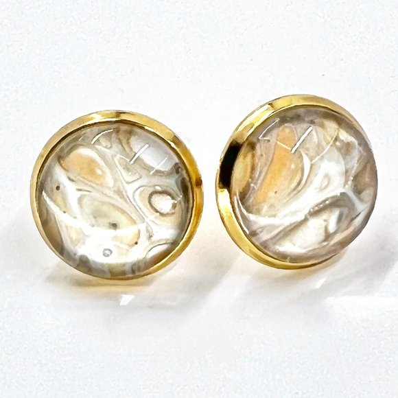 Hand Crafted Jewelry - New / Handcrafted - Gold, Cream & Orange Shiny Gold Tone 12mm Stud Earrings